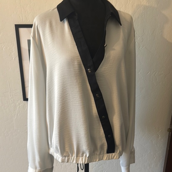 Karl Lagerfeld Black and White Blouse with Draped Front - Picture 5 of 7